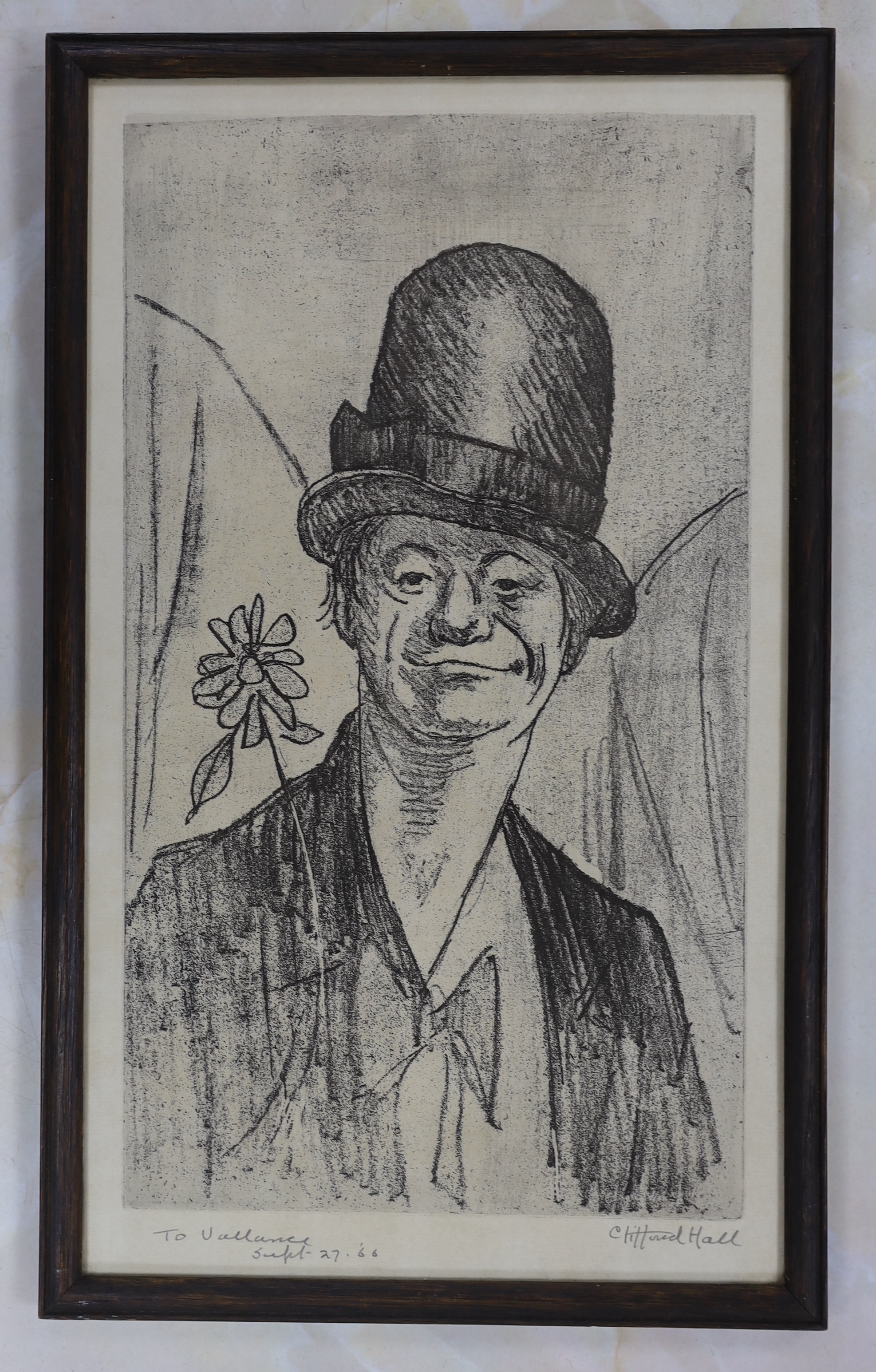 Clifford Hall (1904-1973), 1960’s soft-ground etching, Portrait of a clown (Alby Austin), signed in pencil, 38cm x 22cm